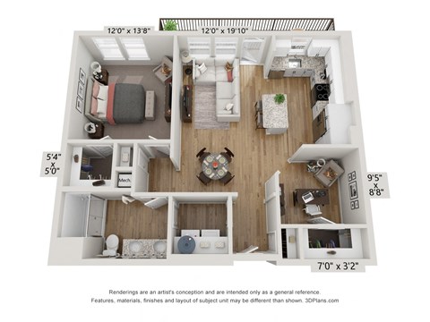 Floor plan for 1 bed, 1 bath, 893 sqft